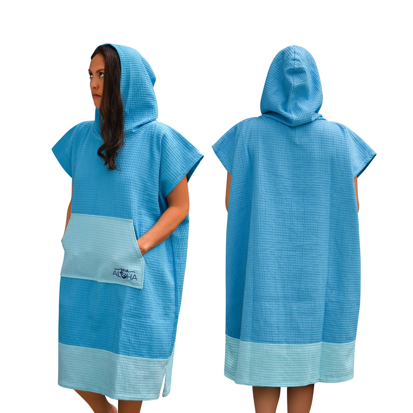 Blue surf poncho with hood up