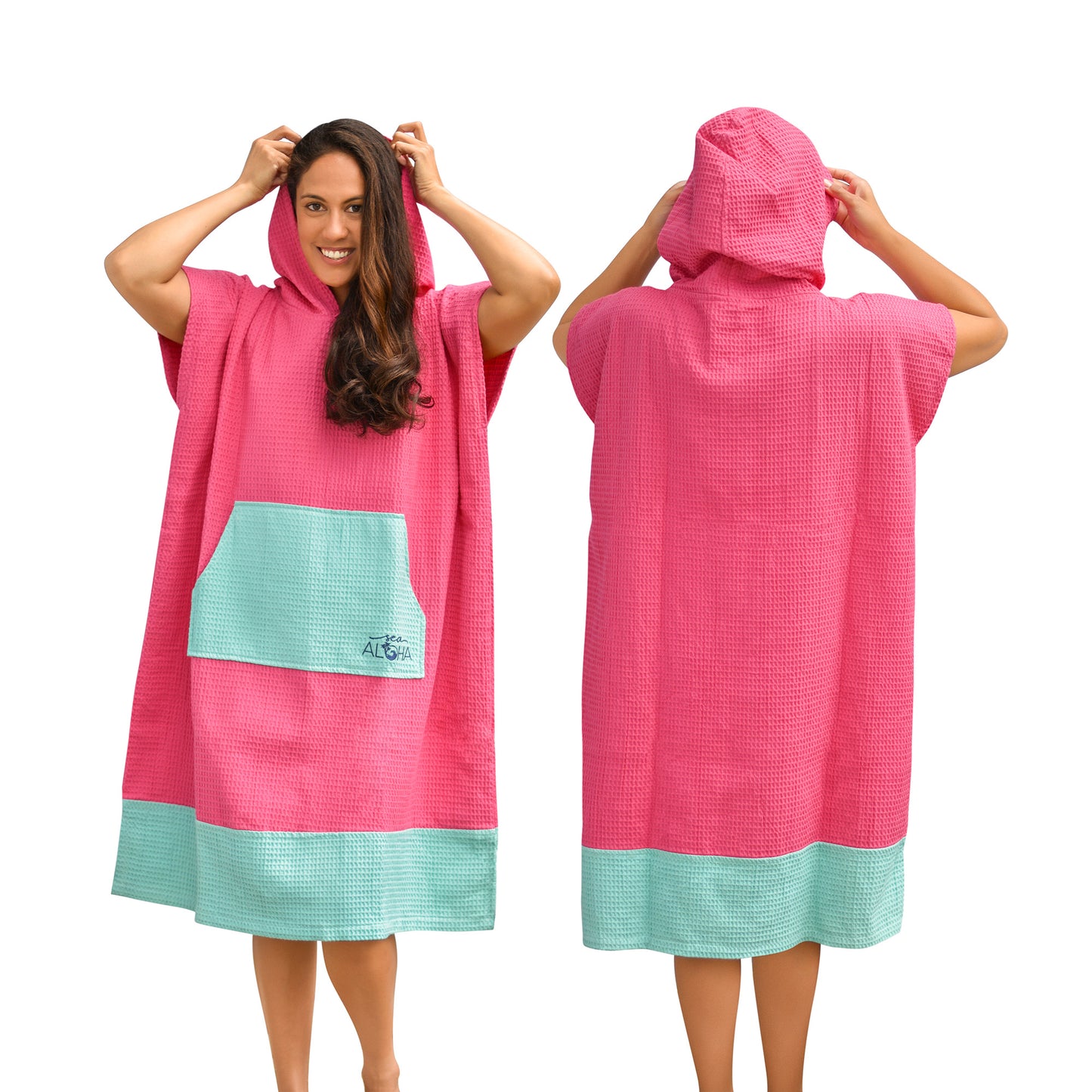 Pink surf poncho hood up